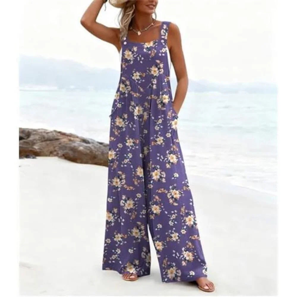 Women's Casual Overalls Loose Wide Leg Jumpsuit Summer Boho Baggy Romper - Picture 2 of 5